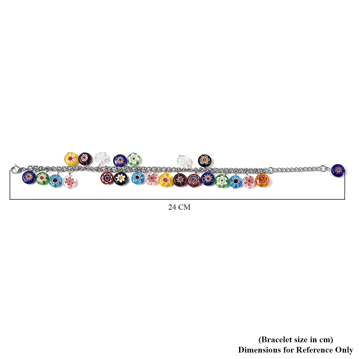 Multi Colour Murano Glass Bead Charm Bracelet (Size 7.5 - 1.5 Ext) 76.95 Ct.