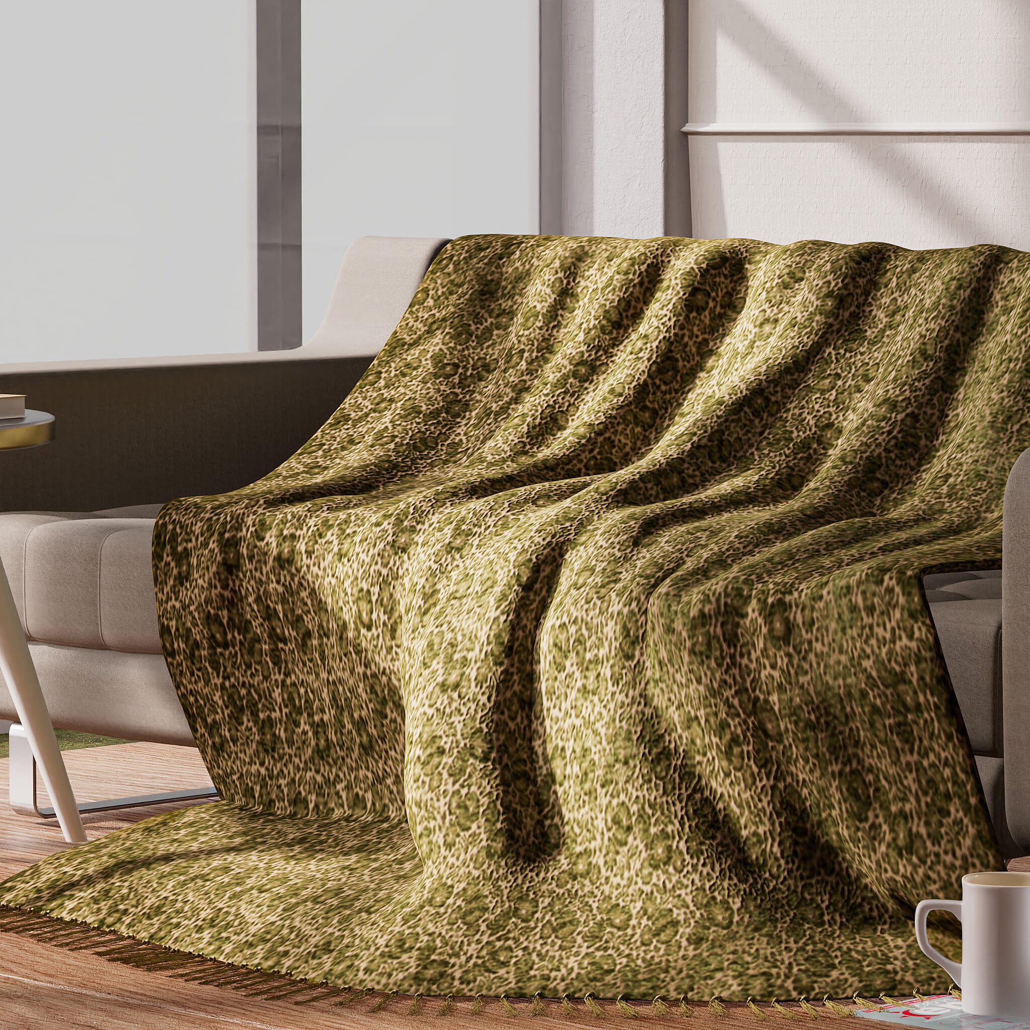 King Size Floral Jacquard Woven Cotton Chenille Bedspread in Beige and Green Colour (260x240 cm)