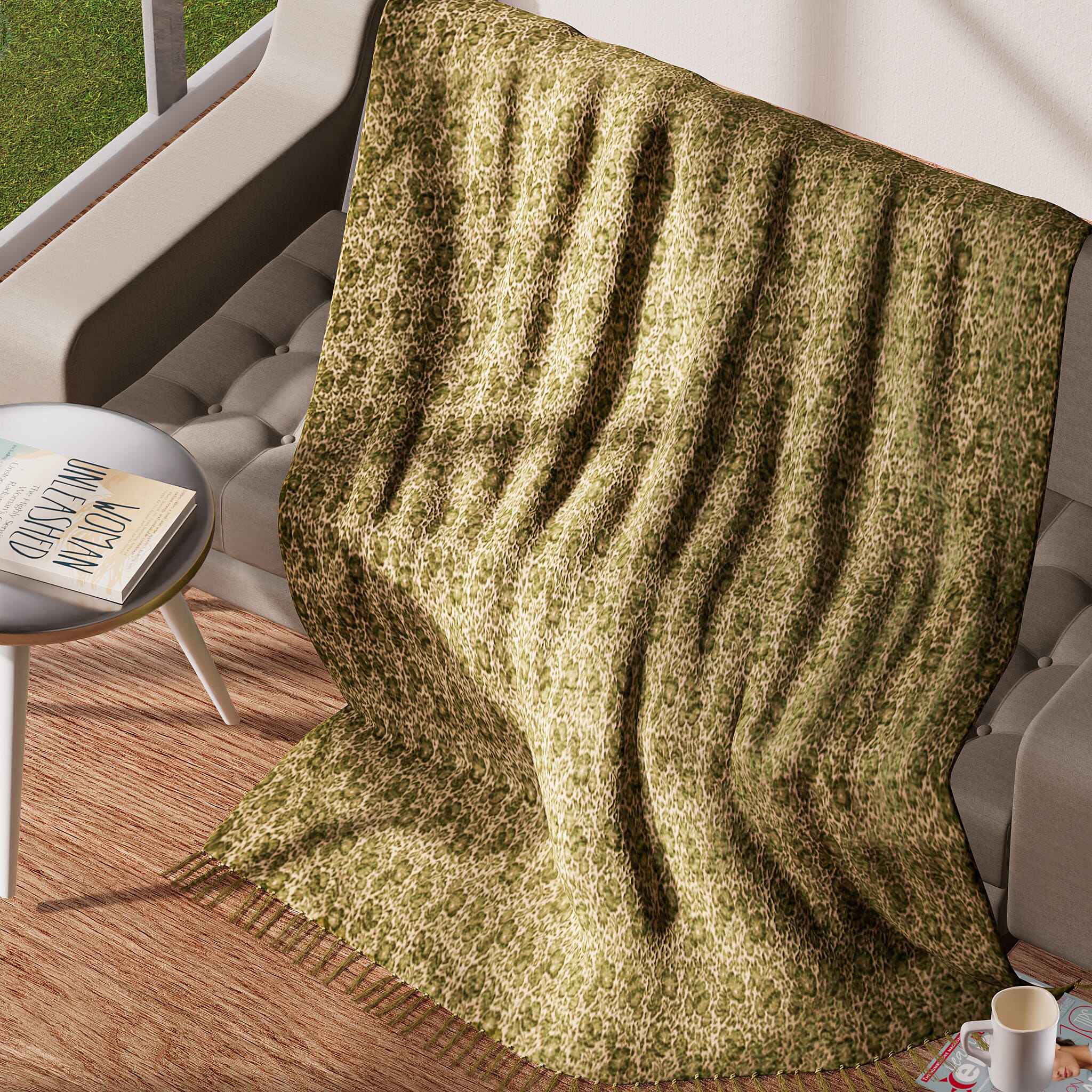 King Size Floral Jacquard Woven Cotton Chenille Bedspread in Beige and Green Colour (260x240 cm)