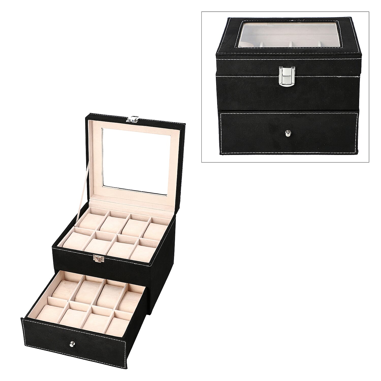 Black Colour Velvet 2 Layer Watch Box (Size 20x20x16.5 Cm)