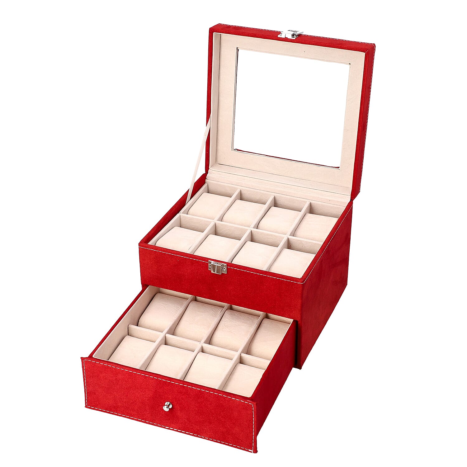 Red Colour Velvet 2 Layer Watch Box (Size 20x20x16 Cm)
