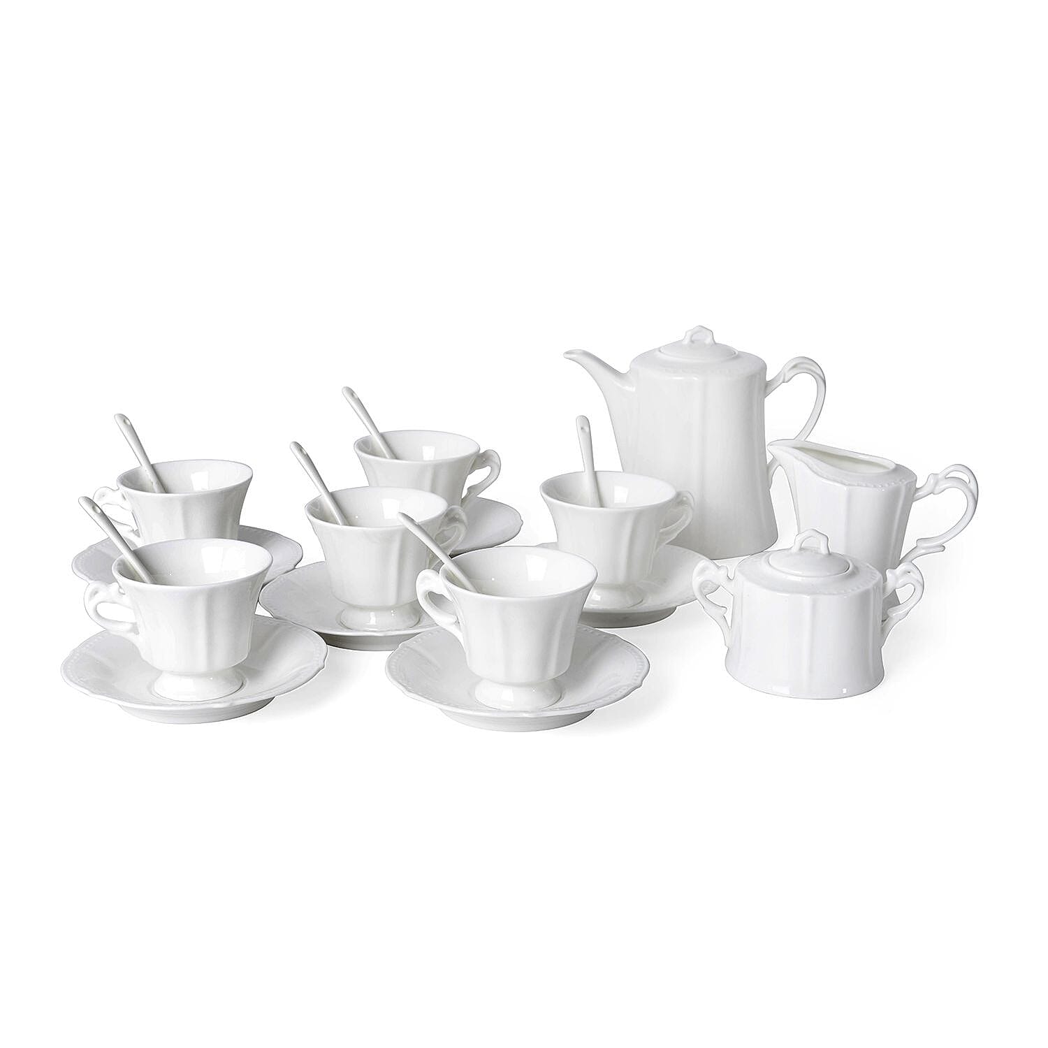 22 Piece Set - Embossed Tea Set (Consists of 6 Cups, 6 Saucers, 7 Spoons, 1 Sugar Jar, 1 Milk Jar, 1 x 800ml Tea Pot )