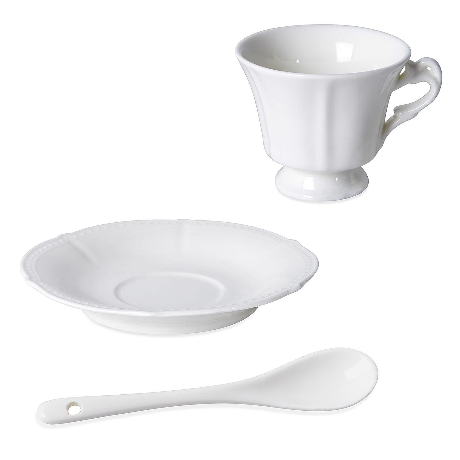 22 Piece Set - Embossed Tea Set (Consists of 6 Cups, 6 Saucers, 7 Spoons, 1 Sugar Jar, 1 Milk Jar, 1 x 800ml Tea Pot )