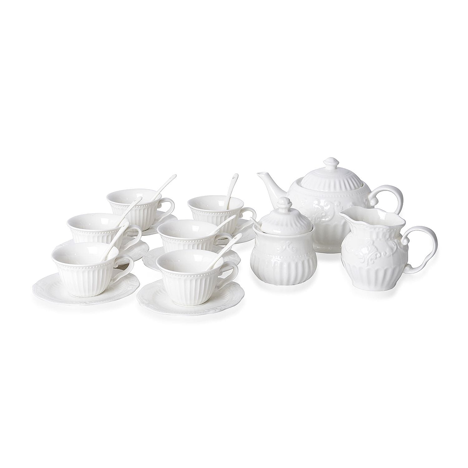22 Piece Set - Art Deco - Flower Embossed Tea Set (Consists of 6 Cups, 6 Saucers, 7 Spoons, 1 Sugar Jar, 1 Milk Jar, 1 x 750ml Tea Pot) - White