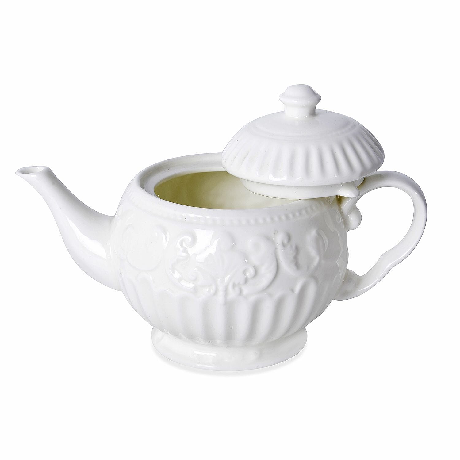 22 Piece Set - Art Deco - Flower Embossed Tea Set (Consists of 6 Cups, 6 Saucers, 7 Spoons, 1 Sugar Jar, 1 Milk Jar, 1 x 750ml Tea Pot) - White