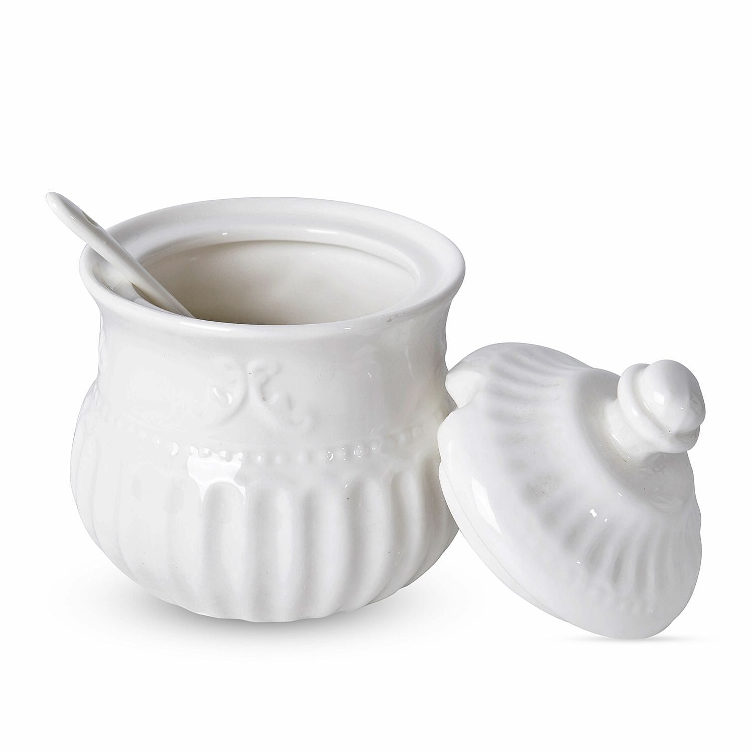 22 Piece Set - Art Deco - Flower Embossed Tea Set (Consists of 6 Cups, 6 Saucers, 7 Spoons, 1 Sugar Jar, 1 Milk Jar, 1 x 750ml Tea Pot) - White