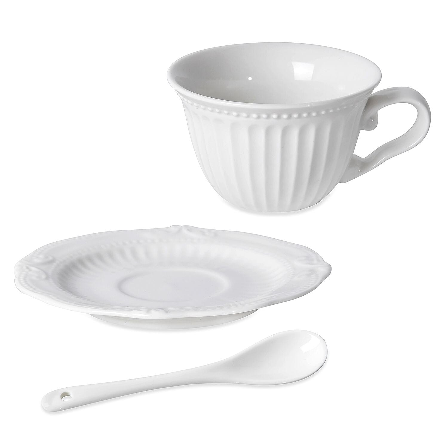 22 Piece Set - Art Deco - Flower Embossed Tea Set (Consists of 6 Cups, 6 Saucers, 7 Spoons, 1 Sugar Jar, 1 Milk Jar, 1 x 750ml Tea Pot) - White