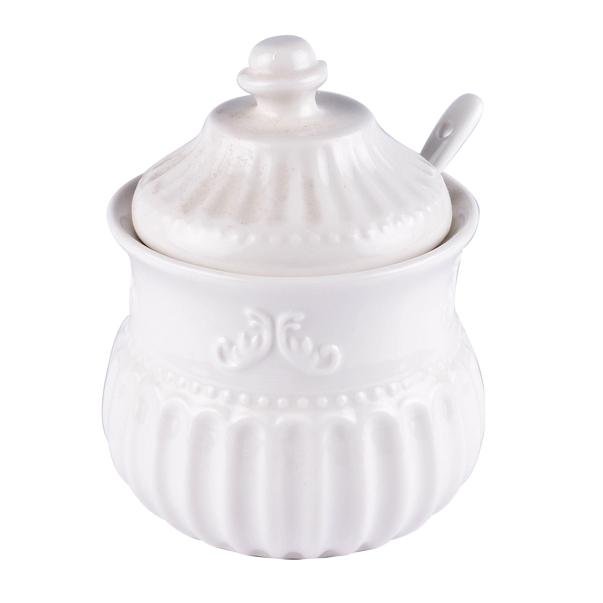 22 Piece Set - Art Deco - Flower Embossed Tea Set (Consists of 6 Cups, 6 Saucers, 7 Spoons, 1 Sugar Jar, 1 Milk Jar, 1 x 750ml Tea Pot) - White