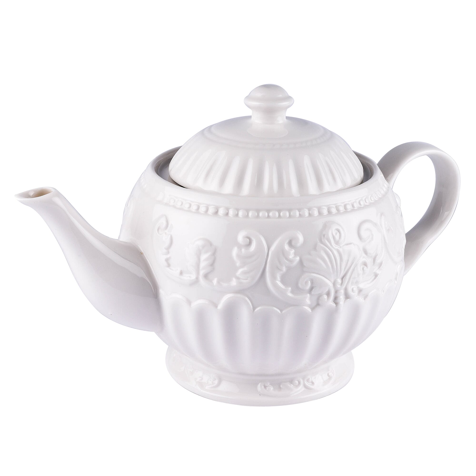 22 Piece Set - Art Deco - Flower Embossed Tea Set (Consists of 6 Cups, 6 Saucers, 7 Spoons, 1 Sugar Jar, 1 Milk Jar, 1 x 750ml Tea Pot) - White