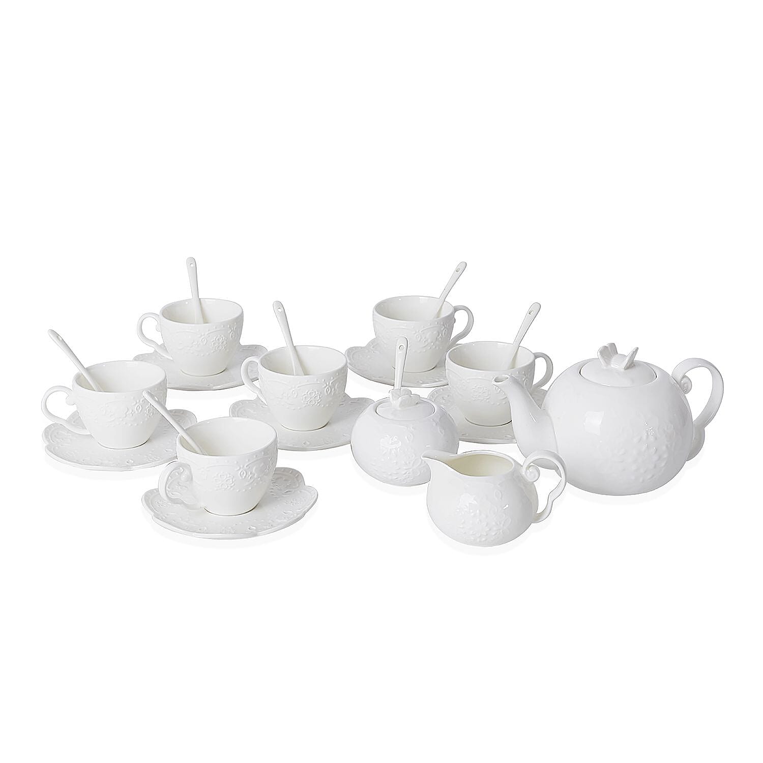22 Piece Set - Art Deco - Butterfly Embossed Tea Set (Consists of 6 Cups, 6 Saucers, 7 Spoons, 1 Sugar Bowl, 1 Milk Bowl, 1 x 650ml Tea Pot)