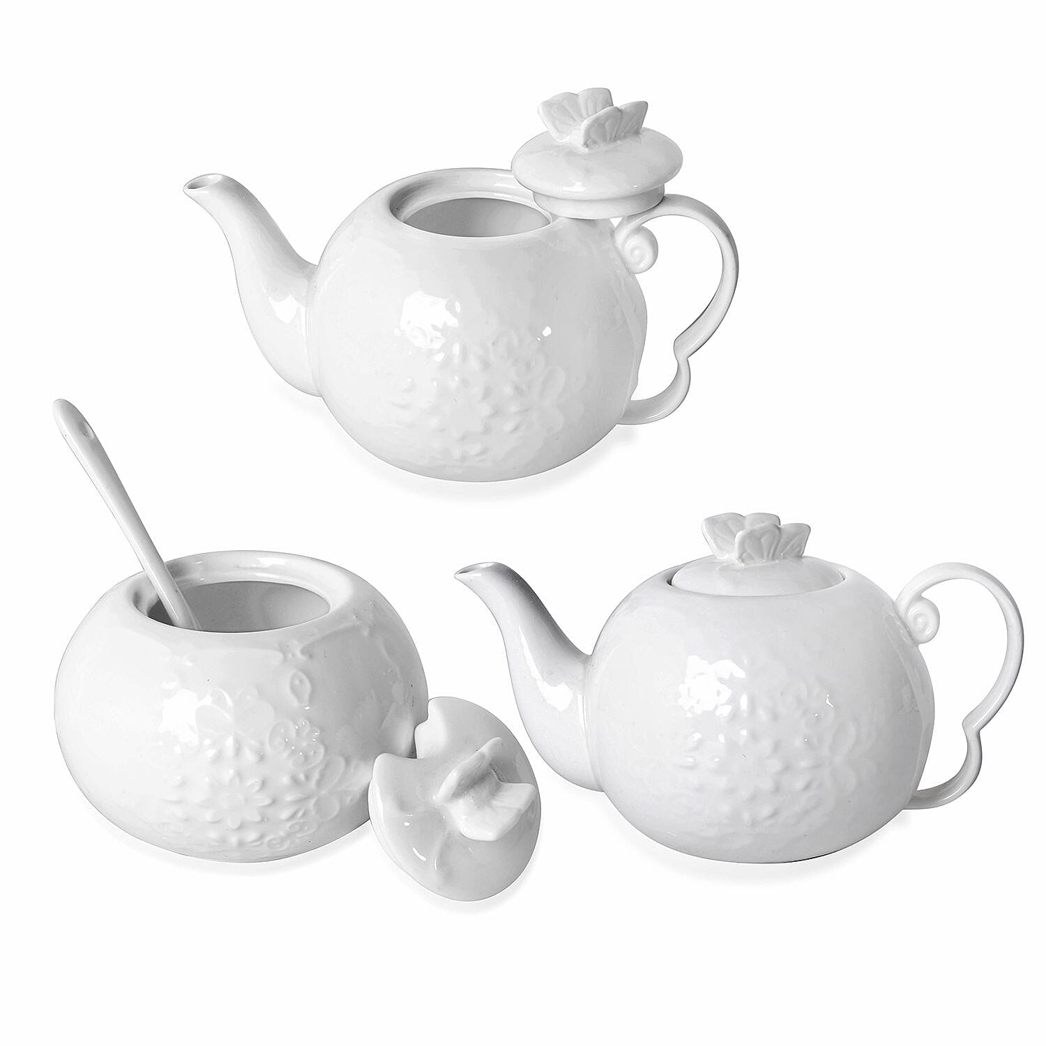 22 Piece Set - Art Deco - Butterfly Embossed Tea Set (Consists of 6 Cups, 6 Saucers, 7 Spoons, 1 Sugar Bowl, 1 Milk Bowl, 1 x 650ml Tea Pot)