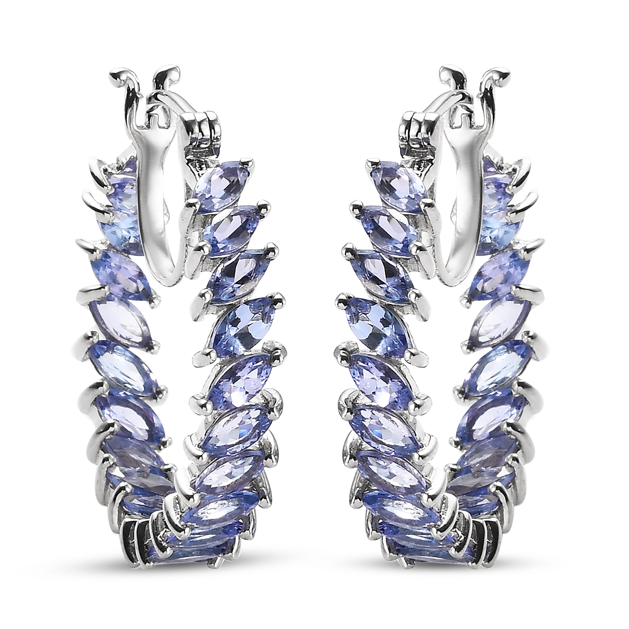Tanzanite (Mrq) Hoop Earrings (with Clasp) in Platinum Overlay Sterling Silver 6.00 Ct, Silver Wt. 6.40 Gms.