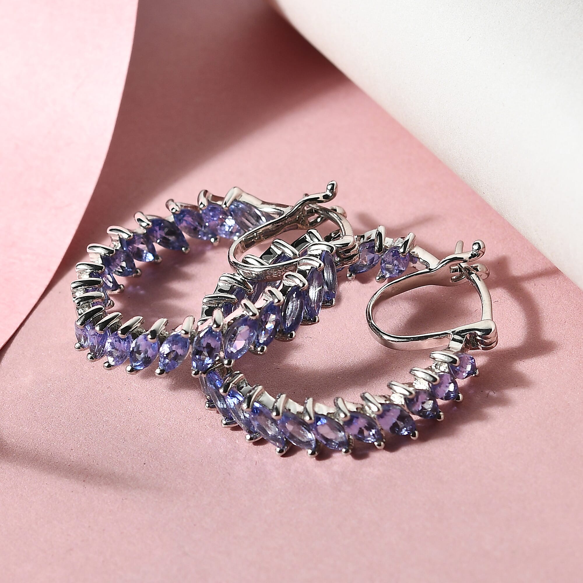Tanzanite (Mrq) Hoop Earrings (with Clasp) in Platinum Overlay Sterling Silver 6.00 Ct, Silver Wt. 6.40 Gms.