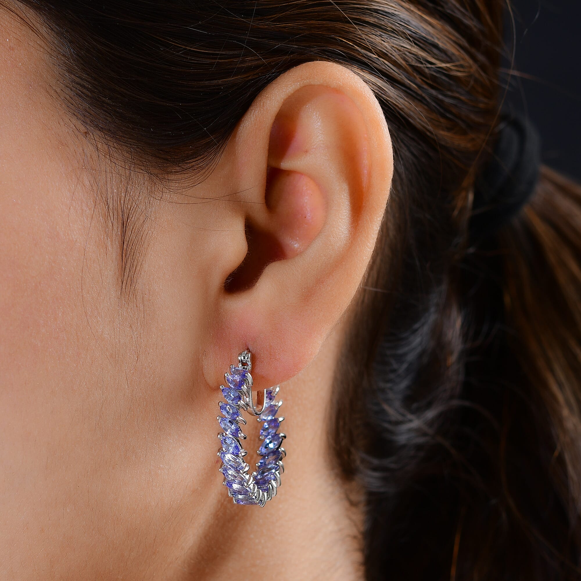 Tanzanite (Mrq) Hoop Earrings (with Clasp) in Platinum Overlay Sterling Silver 6.00 Ct, Silver Wt. 6.40 Gms.
