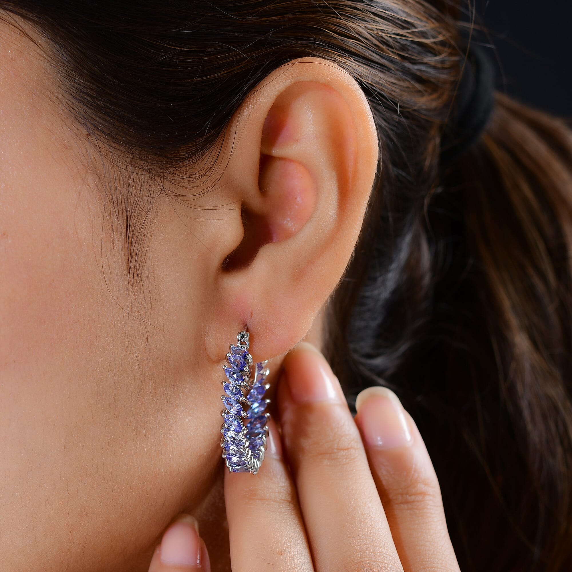 Tanzanite (Mrq) Hoop Earrings (with Clasp) in Platinum Overlay Sterling Silver 6.00 Ct, Silver Wt. 6.40 Gms.