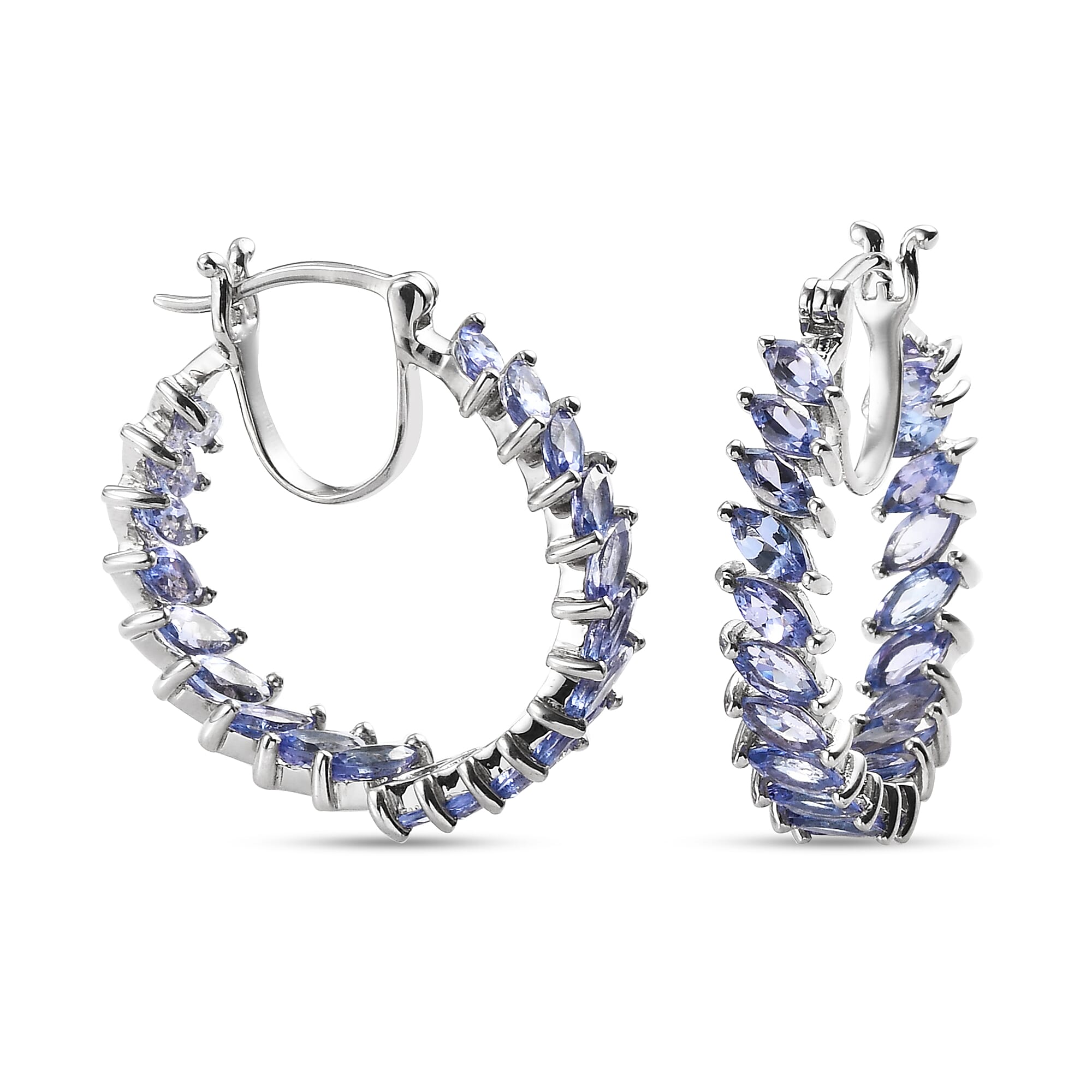 Tanzanite (Mrq) Hoop Earrings (with Clasp) in Platinum Overlay Sterling Silver 6.00 Ct, Silver Wt. 6.40 Gms.