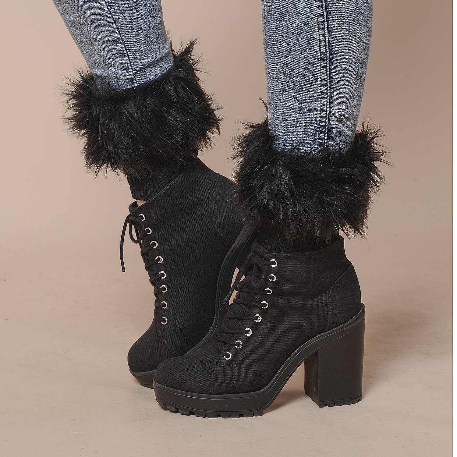 2 Piece Set - Faux Fur Collar Scarf (Size 96x14.5cm) and Boot Cuffs (Size 16.5x14.5cm) - Black