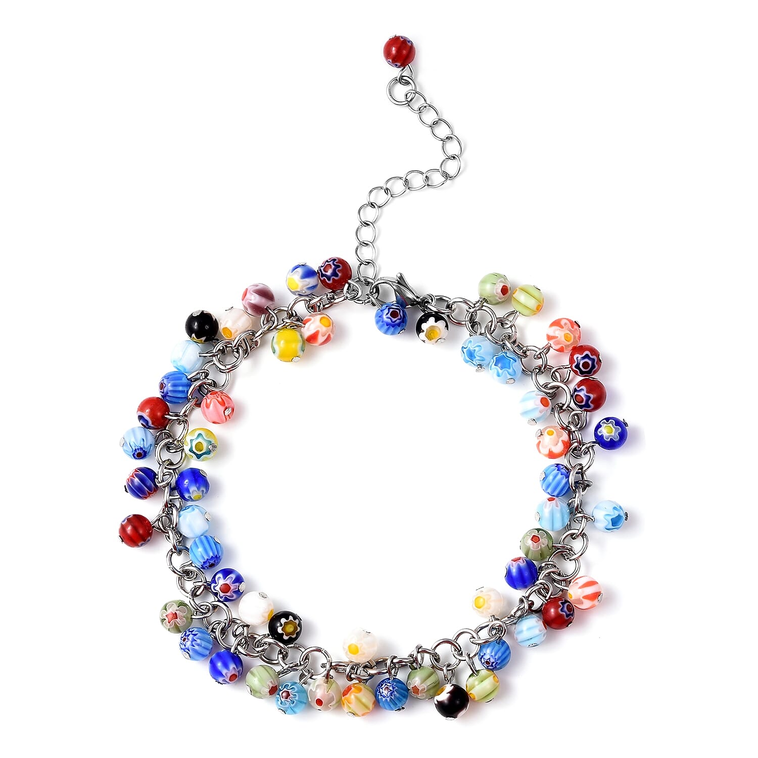 Multi Colour Murano Style Glass Beads Anklet (Size 9 with 2 inch Extender and Lobster Lock) in Stainless Steel.