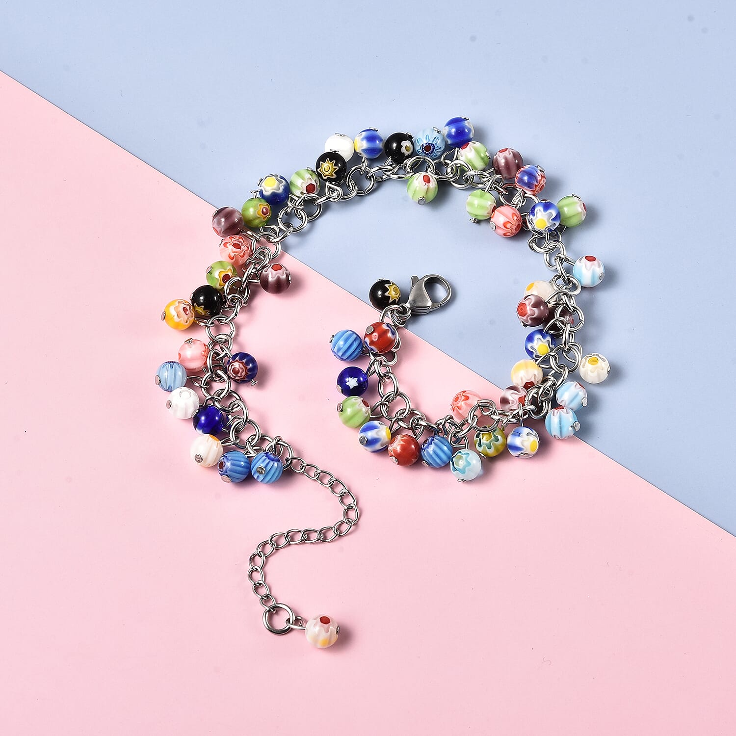 Multi Colour Murano Style Glass Beads Anklet (Size 9 with 2 inch Extender and Lobster Lock) in Stainless Steel.