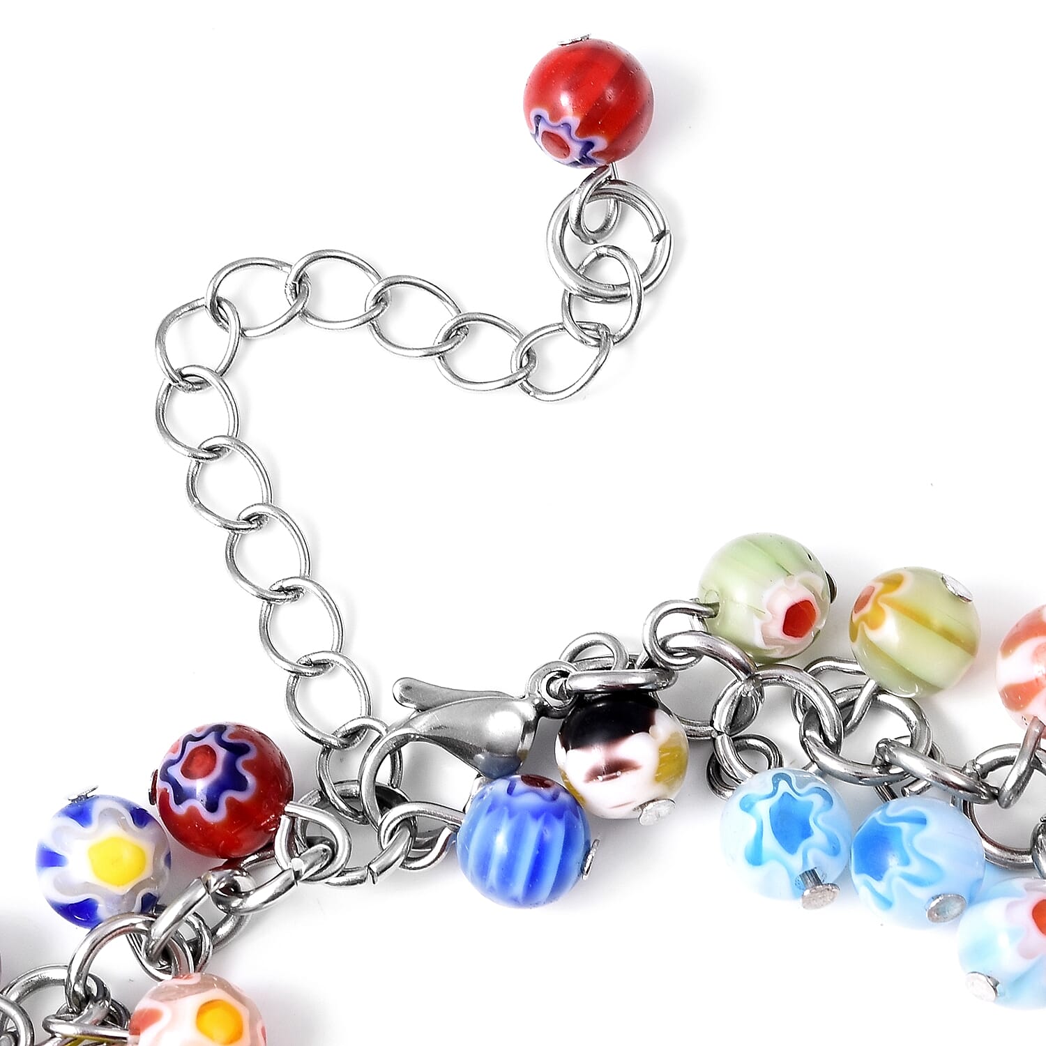 Multi Colour Murano Style Glass Beads Anklet (Size 9 with 2 inch Extender and Lobster Lock) in Stainless Steel.