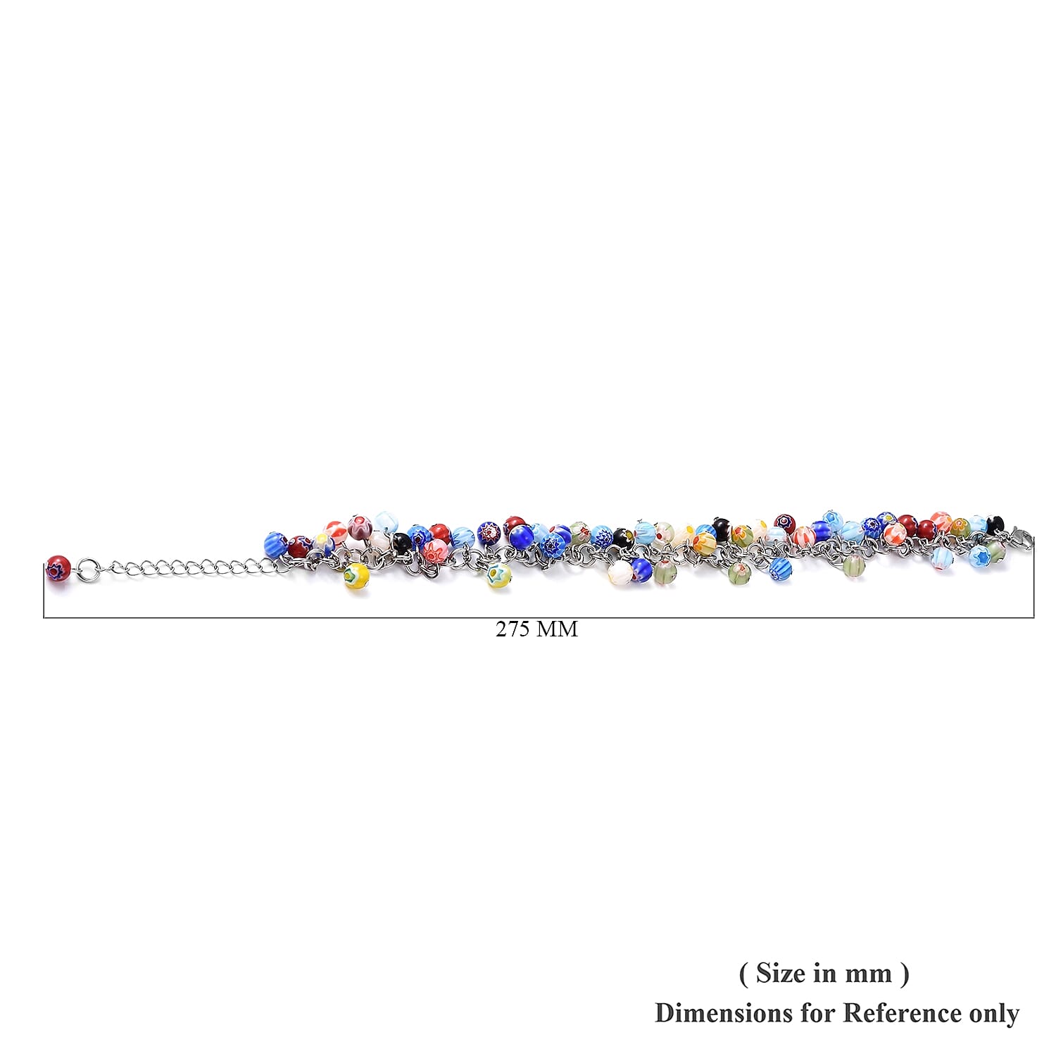 Multi Colour Murano Style Glass Beads Anklet (Size 9 with 2 inch Extender and Lobster Lock) in Stainless Steel.