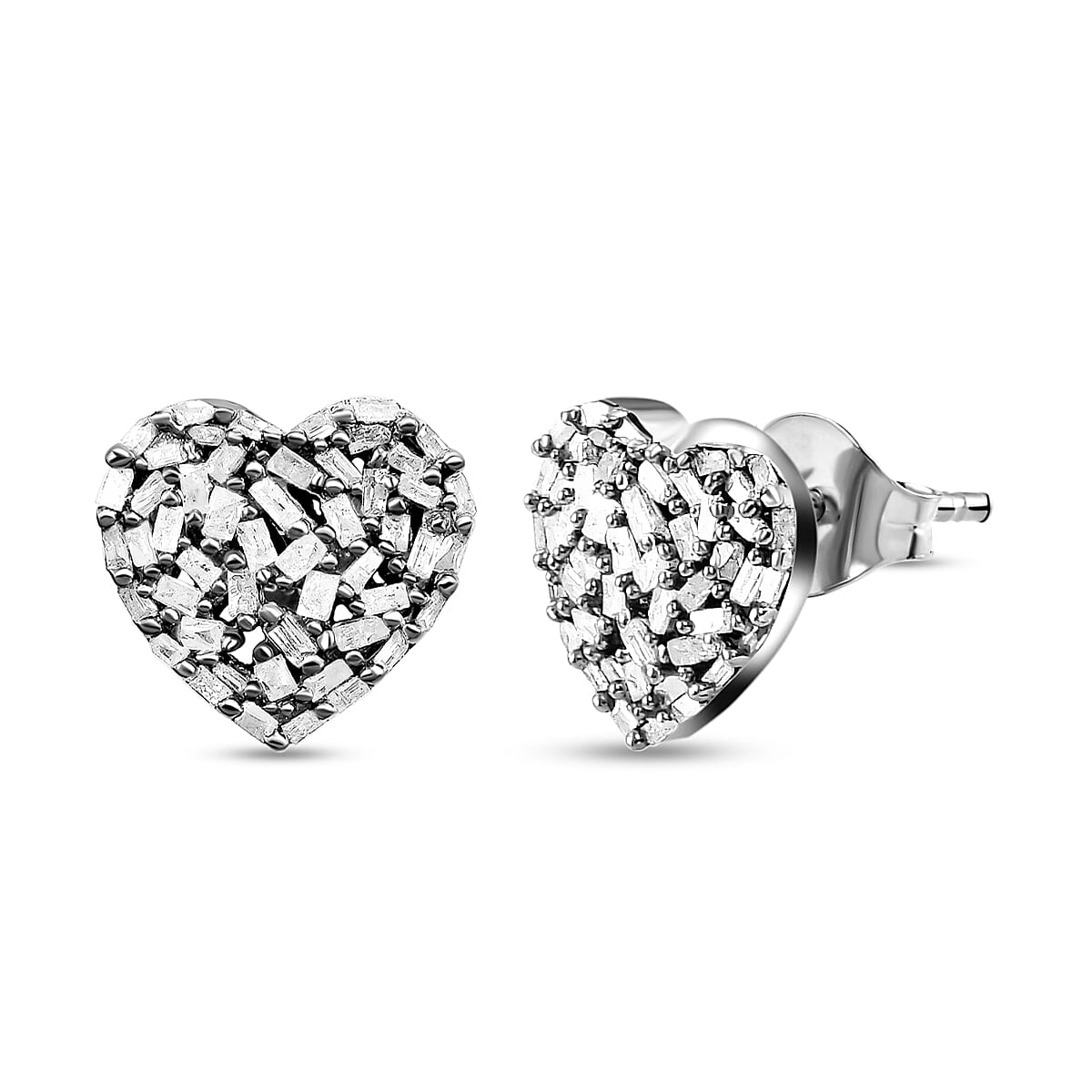 GP Heart Collection - Diamond (Bgt), Kanchanaburi Blue Sapphire Heart Stud Earrings (with Push Back) in Platinum Overlay Sterling Silver 0.50 Ct.