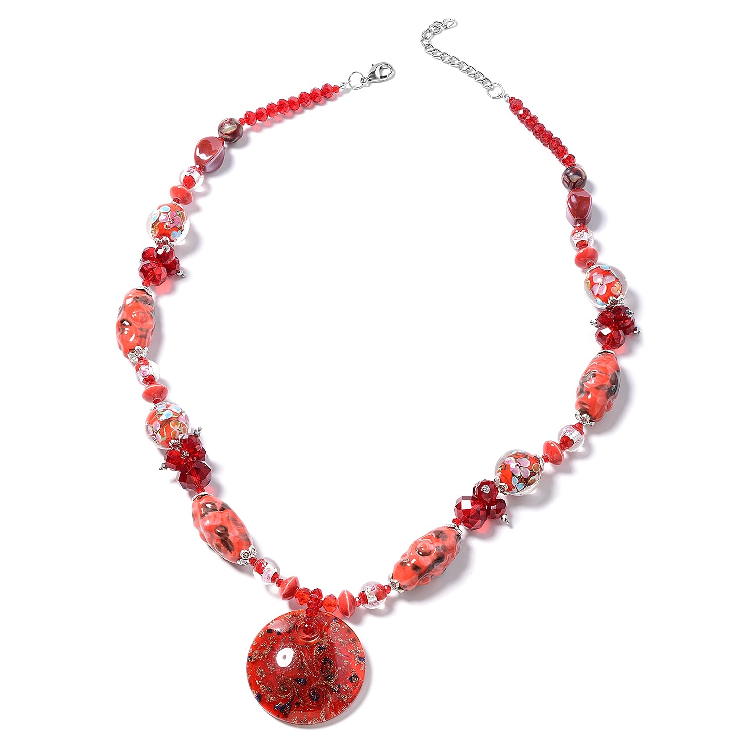 Murano Style Glass, Ceramic, Simulated Ruby, Simulated Grey Moonstone, White Shell and Multi Colour Beads Necklace (Size 28) in Silver Plated