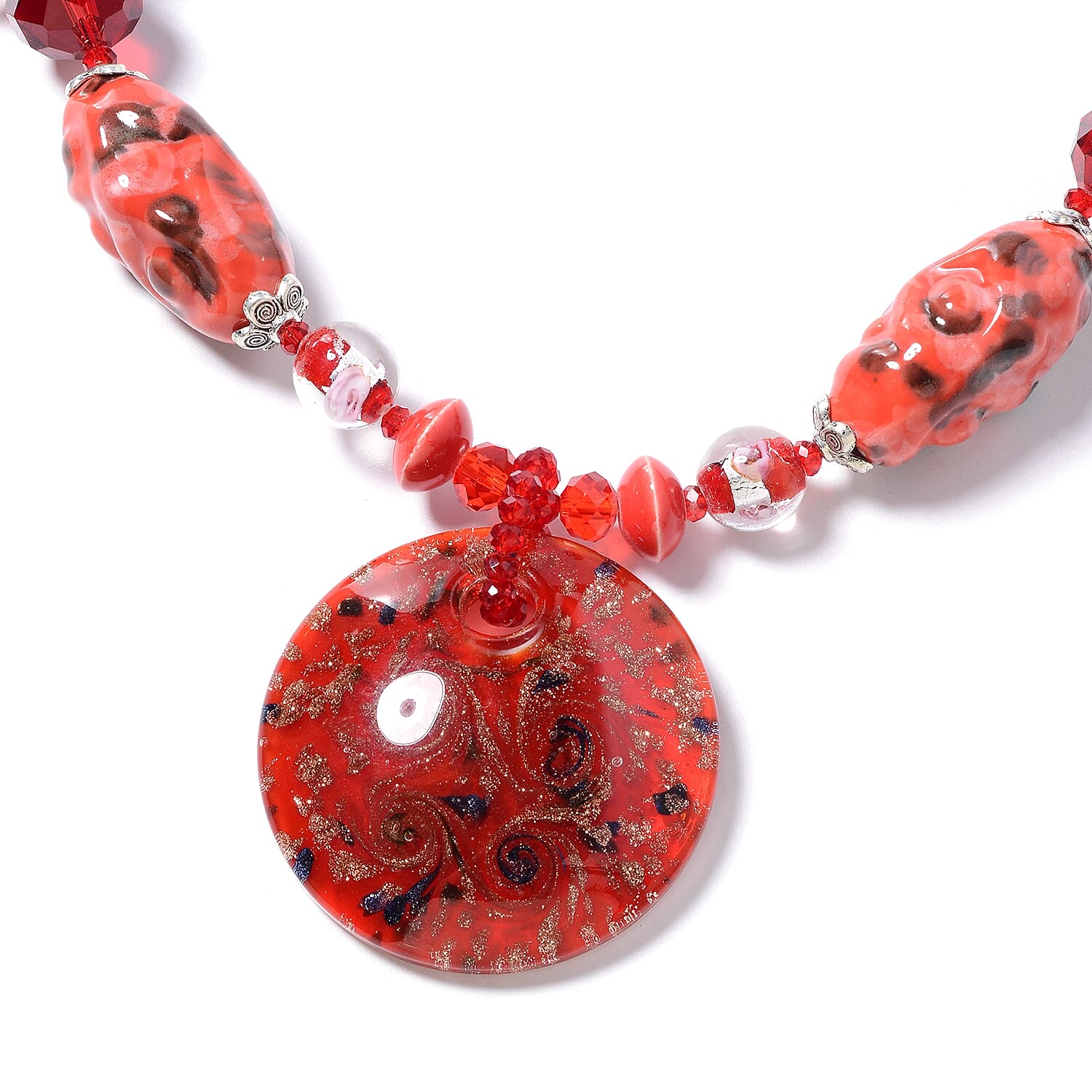 Murano Style Glass, Ceramic, Simulated Ruby, Simulated Grey Moonstone, White Shell and Multi Colour Beads Necklace (Size 28) in Silver Plated