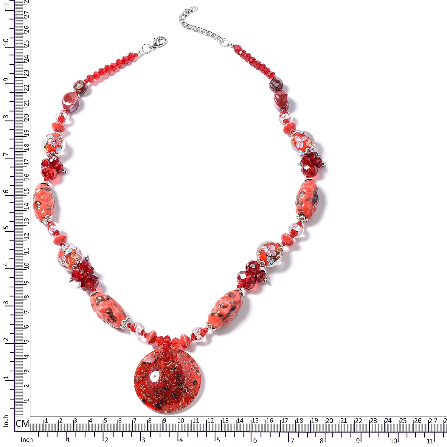Murano Style Glass, Ceramic, Simulated Ruby, Simulated Grey Moonstone, White Shell and Multi Colour Beads Necklace (Size 28) in Silver Plated