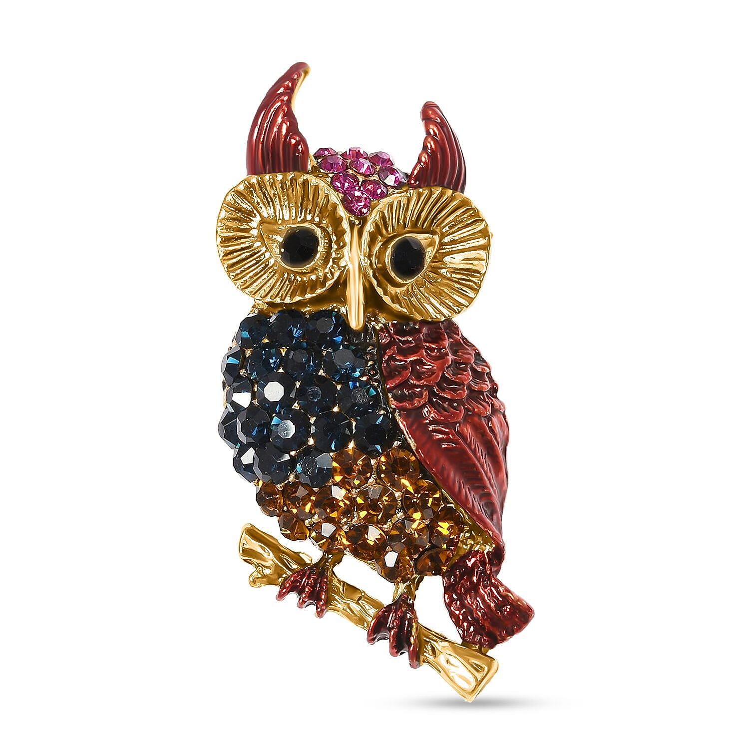 Multi Colour Austrian Crystal Enamelled Owl on Branch Brooch in Yellow Gold Tone 5.00 Ct.