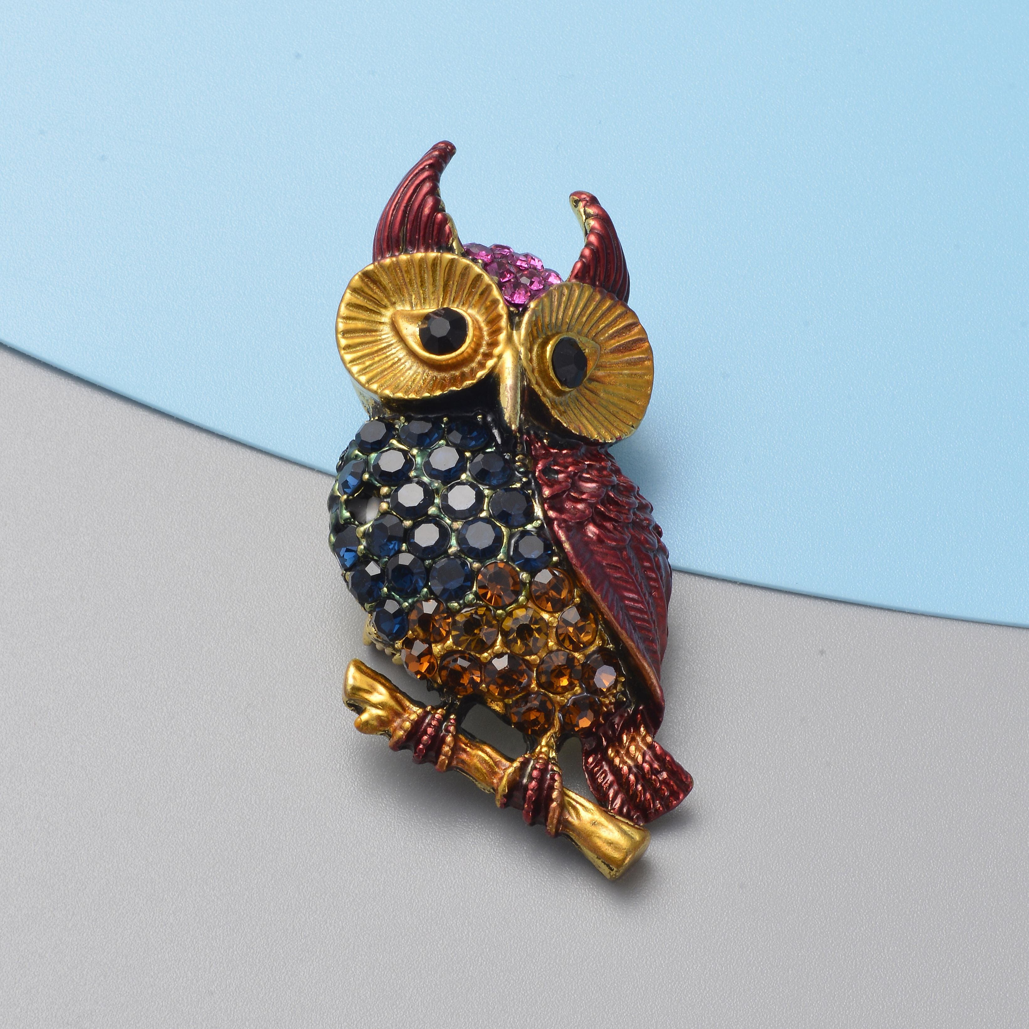 Multi Colour Austrian Crystal Enamelled Owl on Branch Brooch in Yellow Gold Tone 5.00 Ct.