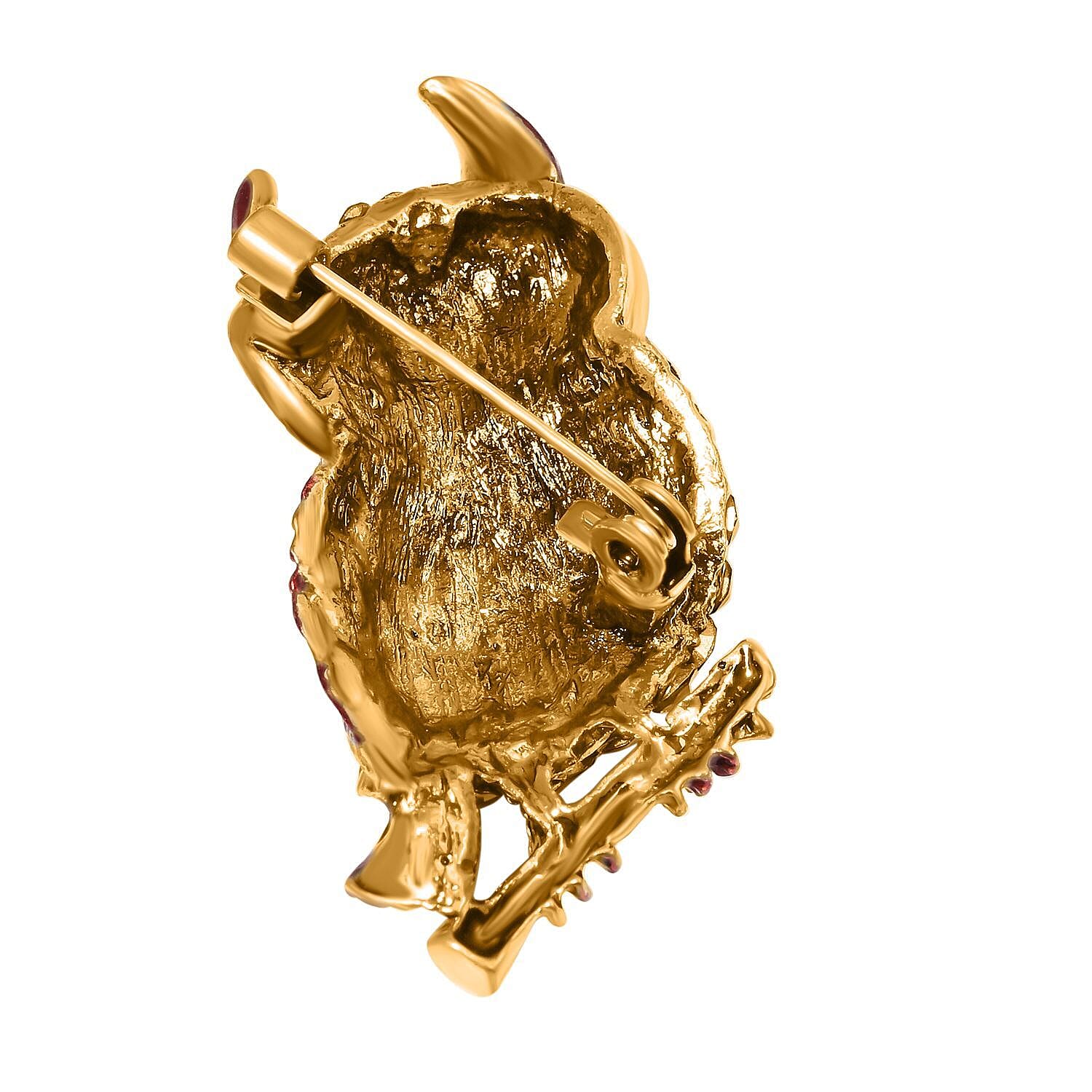Multi Colour Austrian Crystal Enamelled Owl on Branch Brooch in Yellow Gold Tone 5.00 Ct.