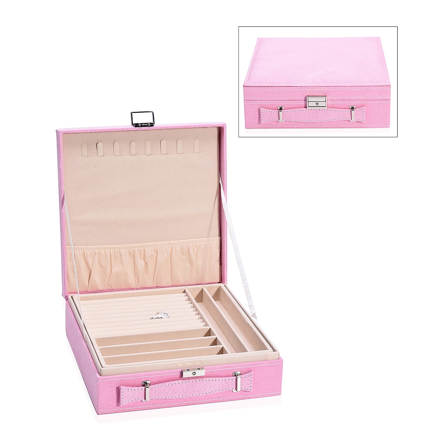 2 Tier Jewellery Box with Handle, 8 Necklace Hooks, Removable Tray, 9 Sections and Multi Storages with Lock and Key Anti Tarnish Lining (Size 26x26x9 Cm) - Pink and Cream Colour