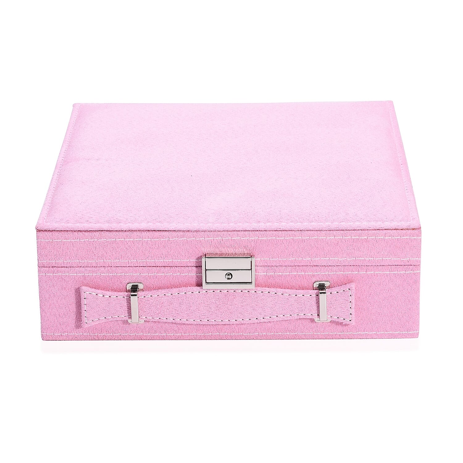 2 Tier Jewellery Box with Handle, 8 Necklace Hooks, Removable Tray, 9 Sections and Multi Storages with Lock and Key Anti Tarnish Lining (Size 26x26x9 Cm) - Pink and Cream Colour