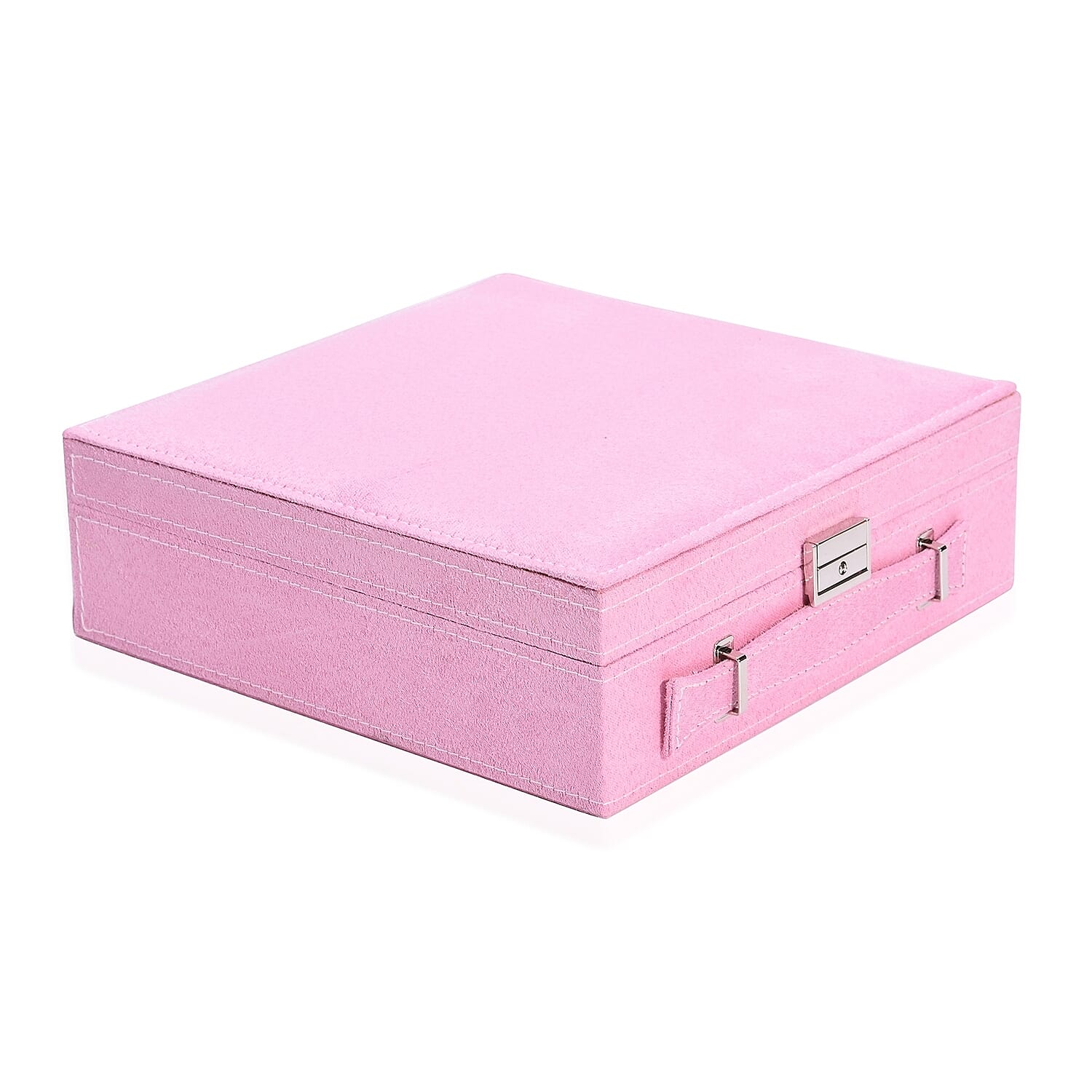 2 Tier Jewellery Box with Handle, 8 Necklace Hooks, Removable Tray, 9 Sections and Multi Storages with Lock and Key Anti Tarnish Lining (Size 26x26x9 Cm) - Pink and Cream Colour