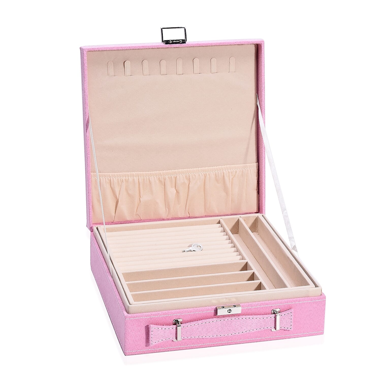 2 Tier Jewellery Box with Handle, 8 Necklace Hooks, Removable Tray, 9 Sections and Multi Storages with Lock and Key Anti Tarnish Lining (Size 26x26x9 Cm) - Pink and Cream Colour