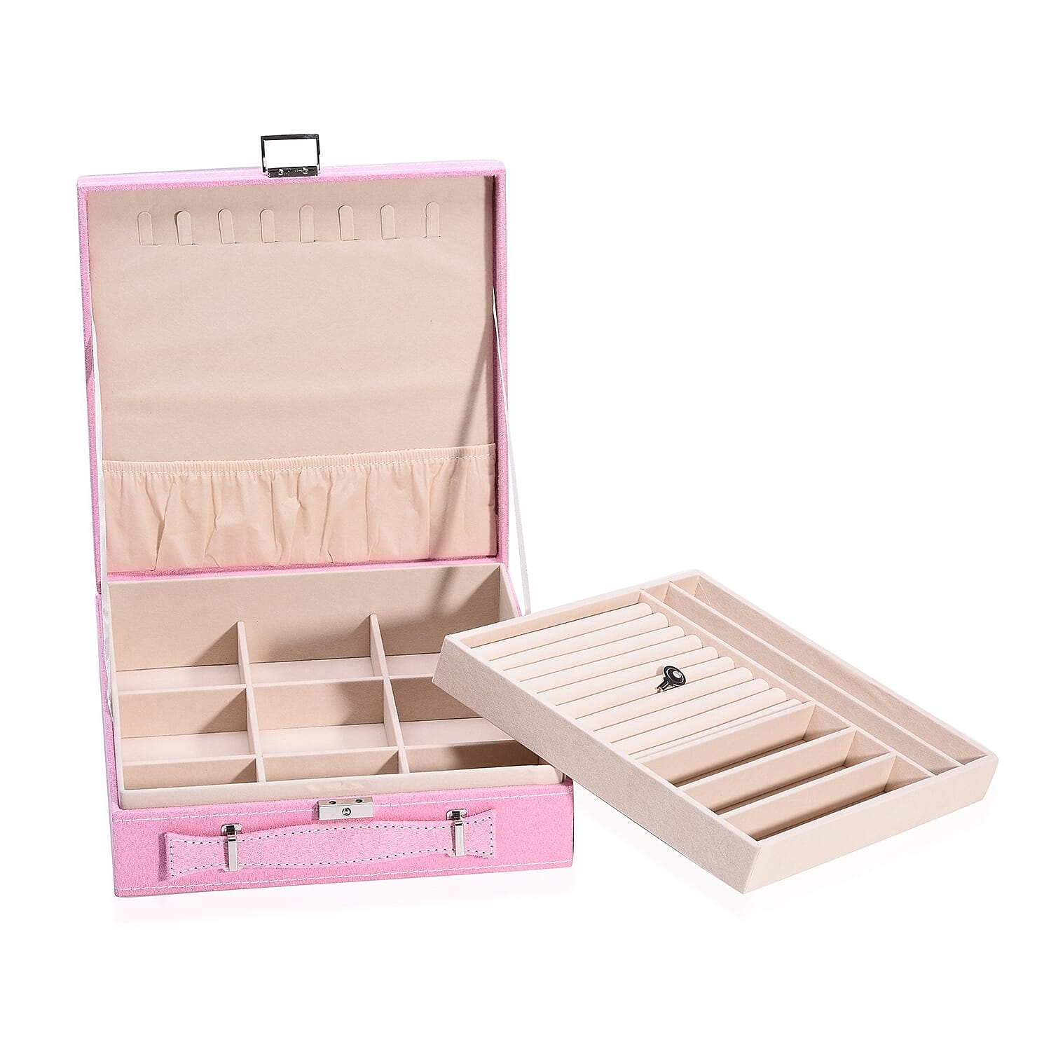 2 Tier Jewellery Box with Handle, 8 Necklace Hooks, Removable Tray, 9 Sections and Multi Storages with Lock and Key Anti Tarnish Lining (Size 26x26x9 Cm) - Pink and Cream Colour