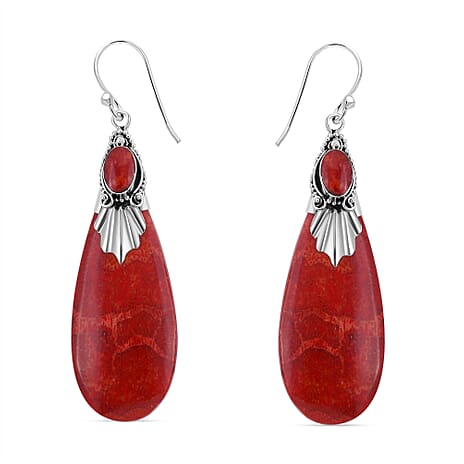 Royal Bali Collection - Coral and Rhodolite Garnet Drop Hook Earrings in Sterling Silver