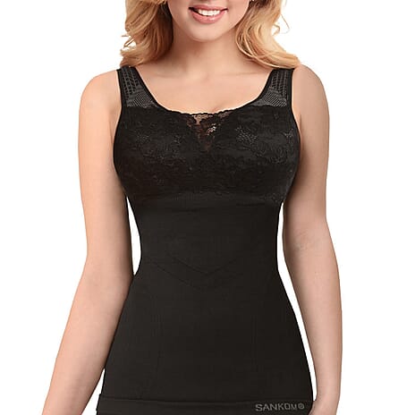 SANKOM SWITZERLAND Patent Vest with Bra and Lace - Black (Size L-XL - 16 to 18)