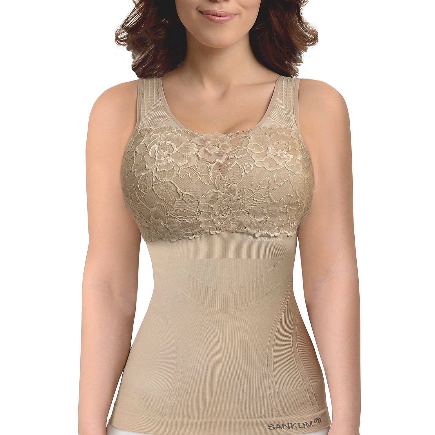 SANKOM SWITZERLAND Patent Vest with Bra and Lace - Beige (Size M-L - 12 to14)