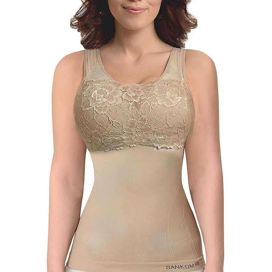 SANKOM SWITZERLAND Patent Vest with Bra and Lace - Beige (Size M-L - 12 to14)