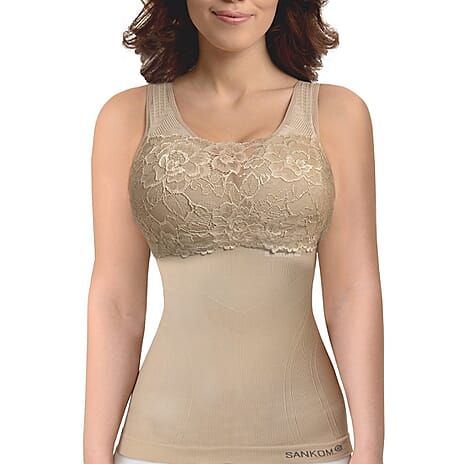 SANKOM SWITZERLAND Patent Vest with Bra and Lace - Beige (Size XXXL - 22 to24 )