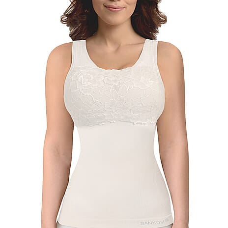 SANKOM SWITZERLAND Patent Vest with Bra and Lace - White Colour (Size XL-XXL 20 to 22 )