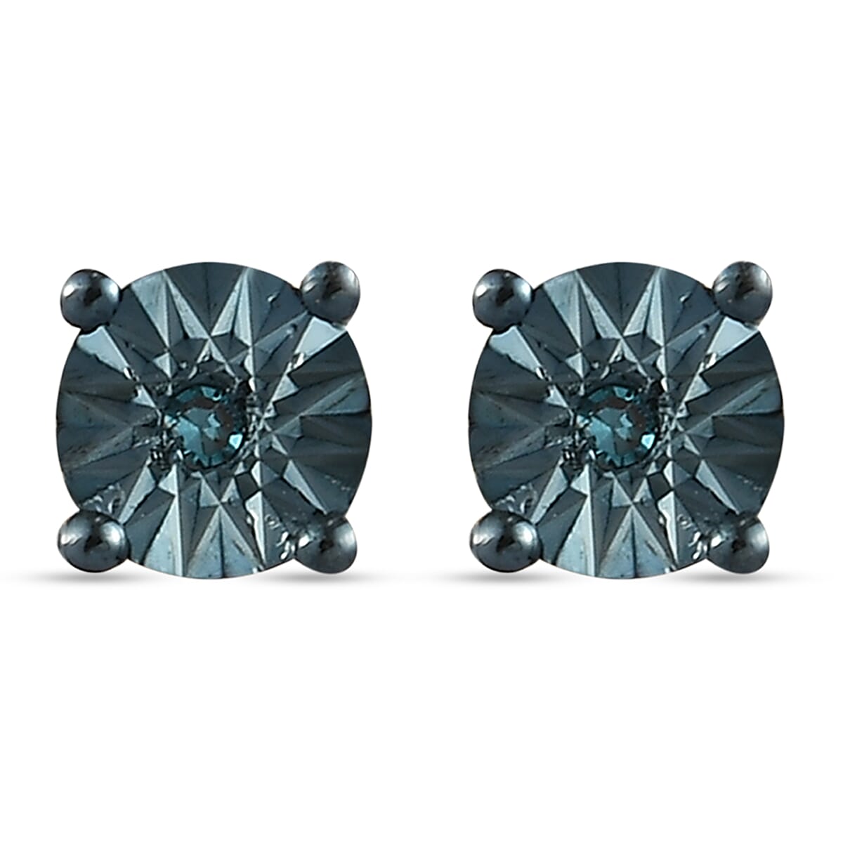 Teal Blue Diamond Stud Earrings (with Push Back) in 14K Gold  Overlay Sterling Silver.
