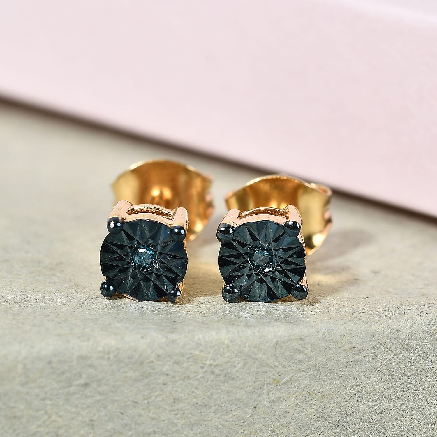 Teal Blue Diamond Stud Earrings (with Push Back) in 14K Gold  Overlay Sterling Silver.
