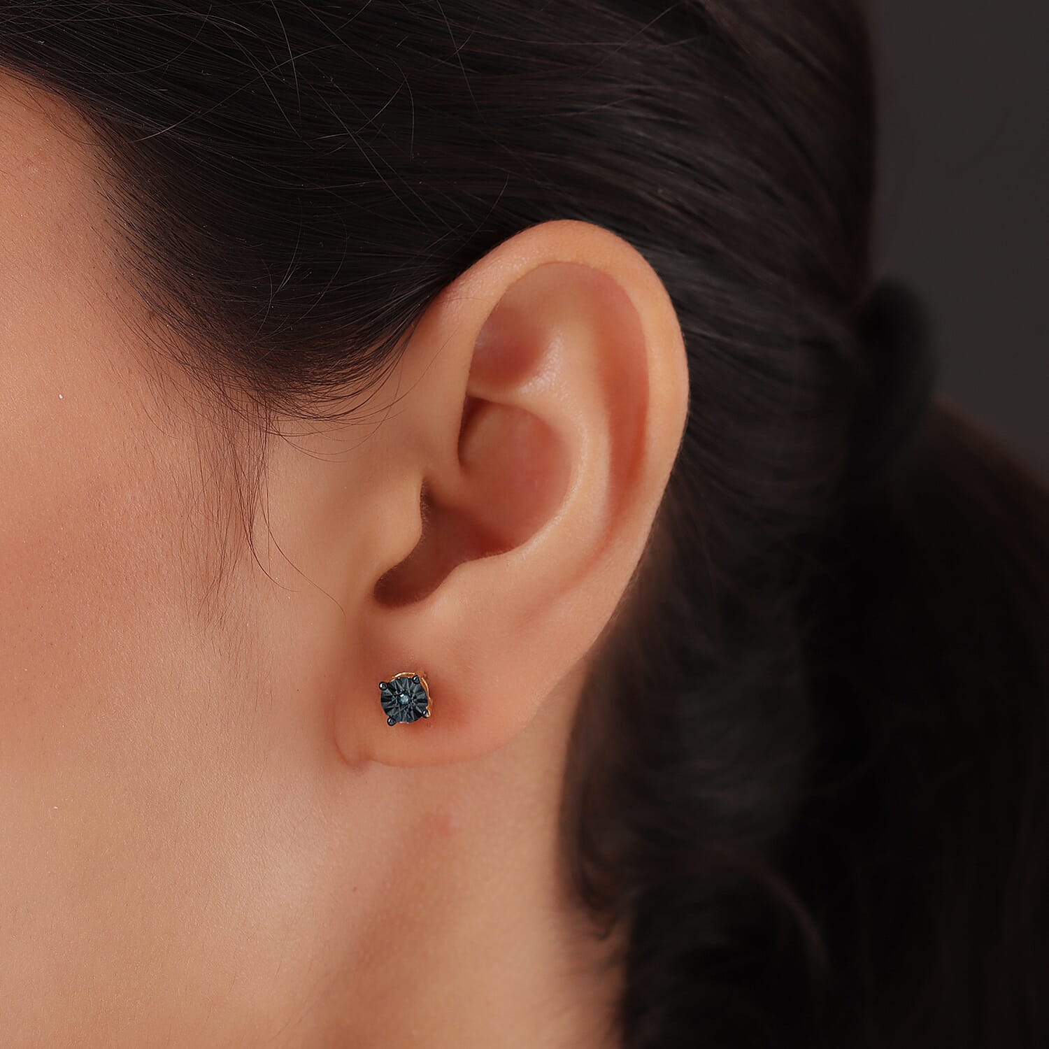 Teal Blue Diamond Stud Earrings (with Push Back) in 14K Gold  Overlay Sterling Silver.