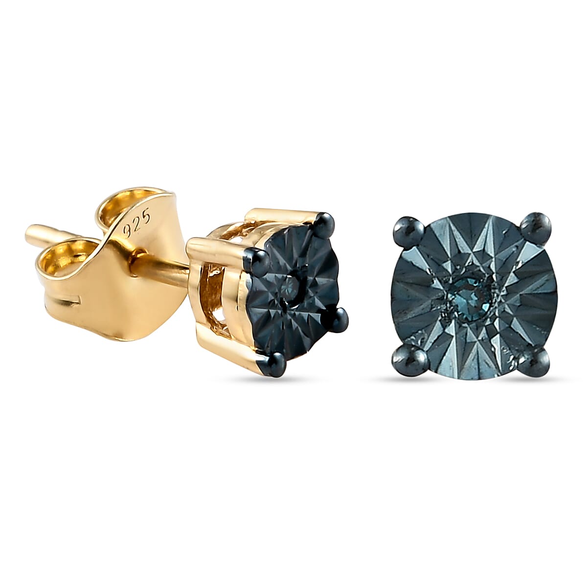 Teal Blue Diamond Stud Earrings (with Push Back) in 14K Gold  Overlay Sterling Silver.