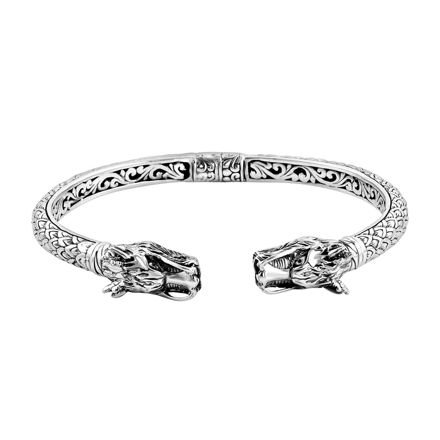 Royal Bali Collection - Sterling Silver Dragon Head Cuff Bangle (Size 7.5), Silver wt 22.99 Gms