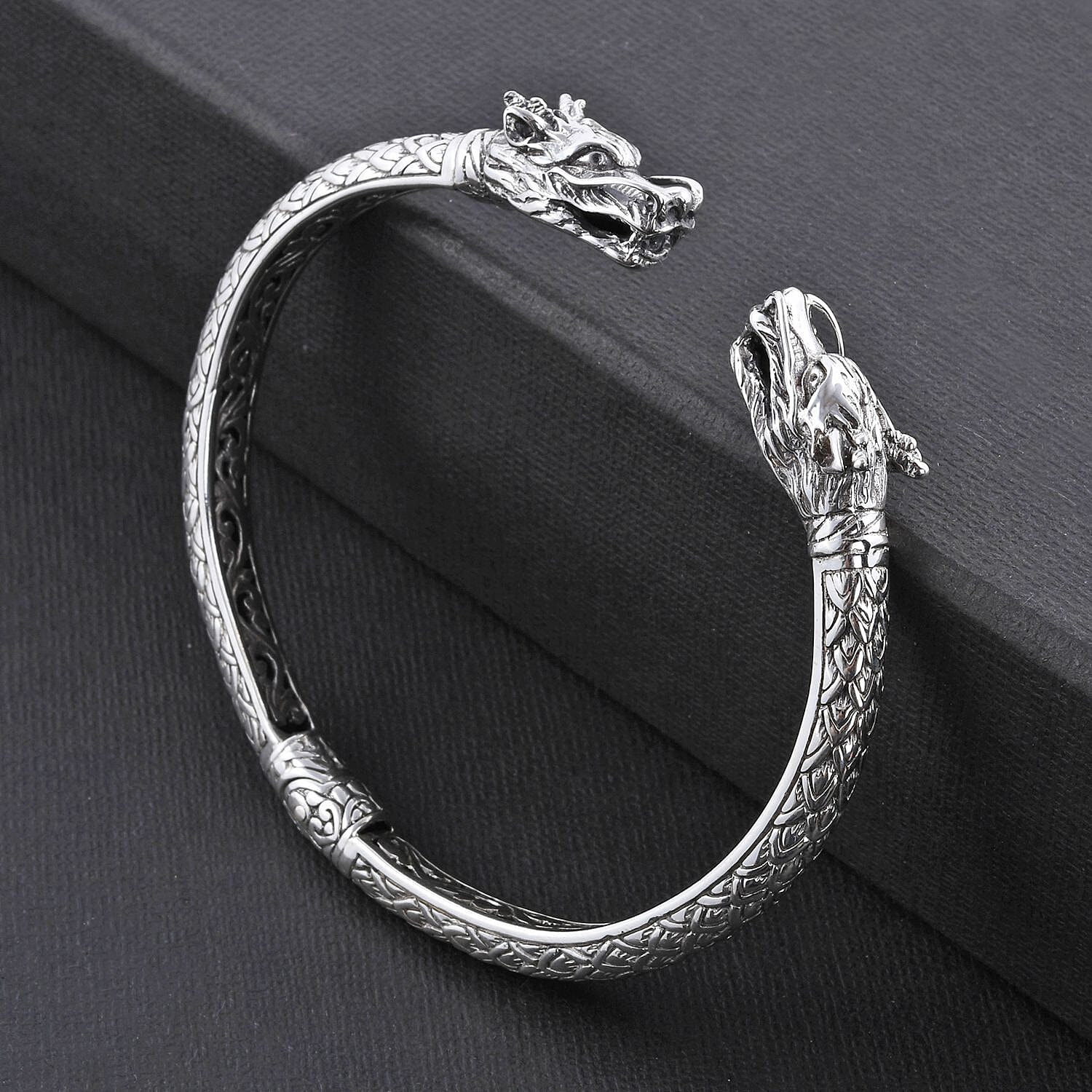 Royal Bali Collection - Sterling Silver Dragon Head Cuff Bangle (Size 7.5), Silver wt 22.99 Gms