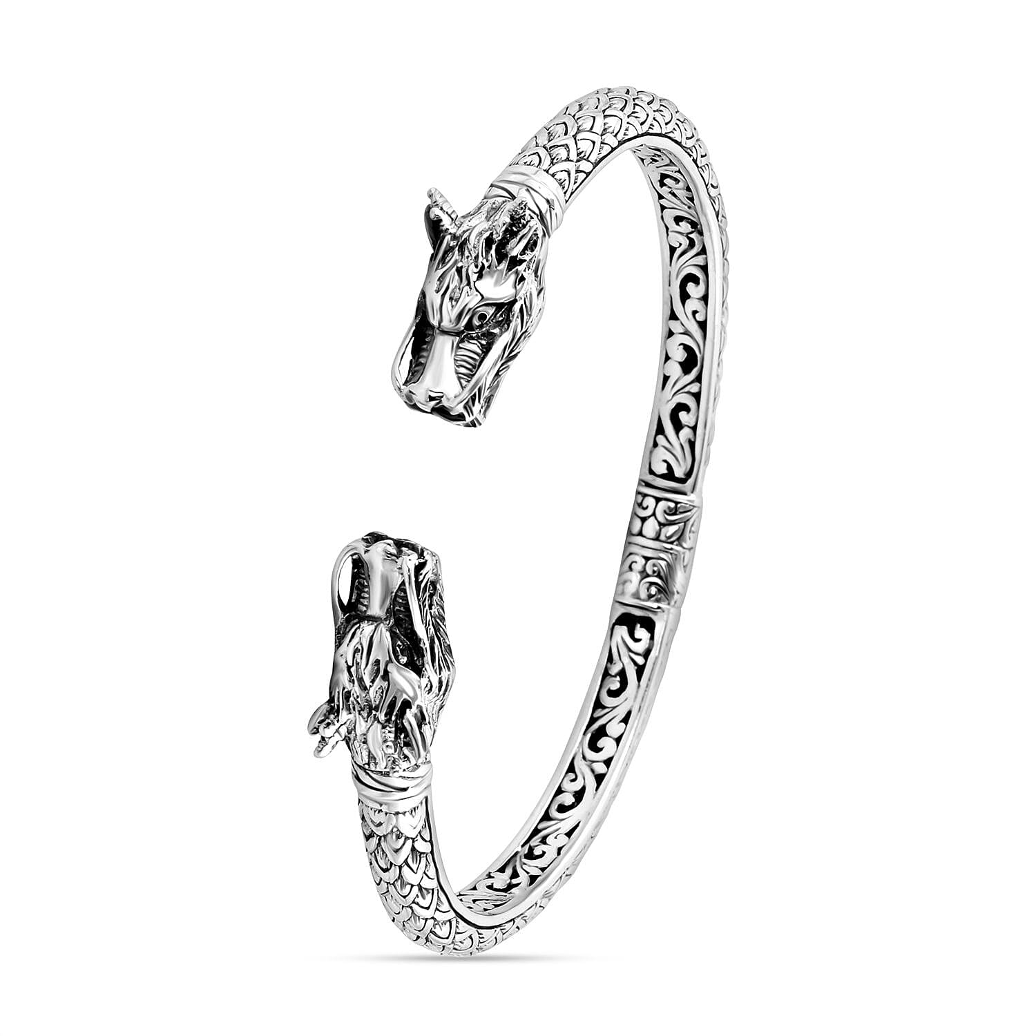Royal Bali Collection - Sterling Silver Dragon Head Cuff Bangle (Size 7.5), Silver wt 22.99 Gms